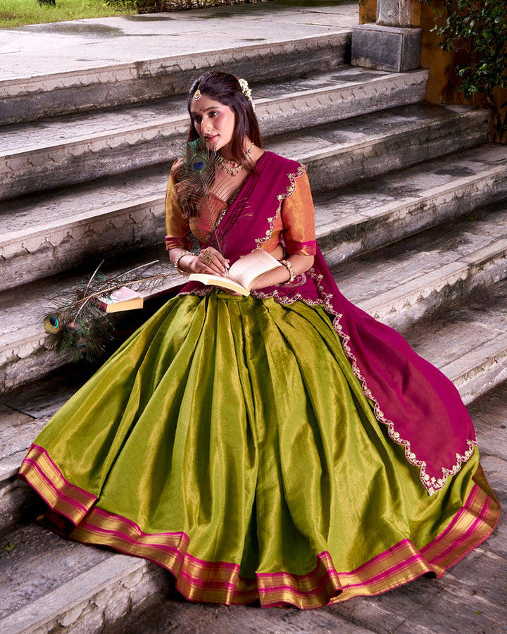 Designer Parrot Green Color Kanchipuram Lehenga Choli