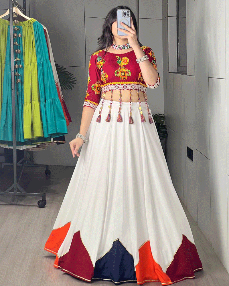 White And Maroon Color Rayon Cotton Navratri Lehenga Set