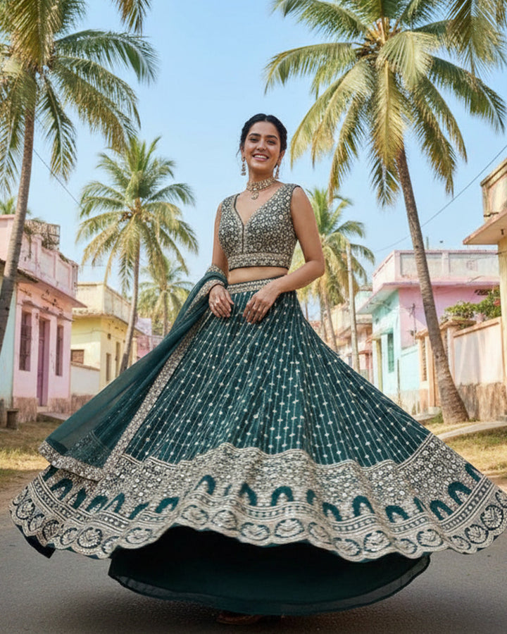 Wedding Wear Bottle Green Color Georgette Embroidered Lehenga Choli