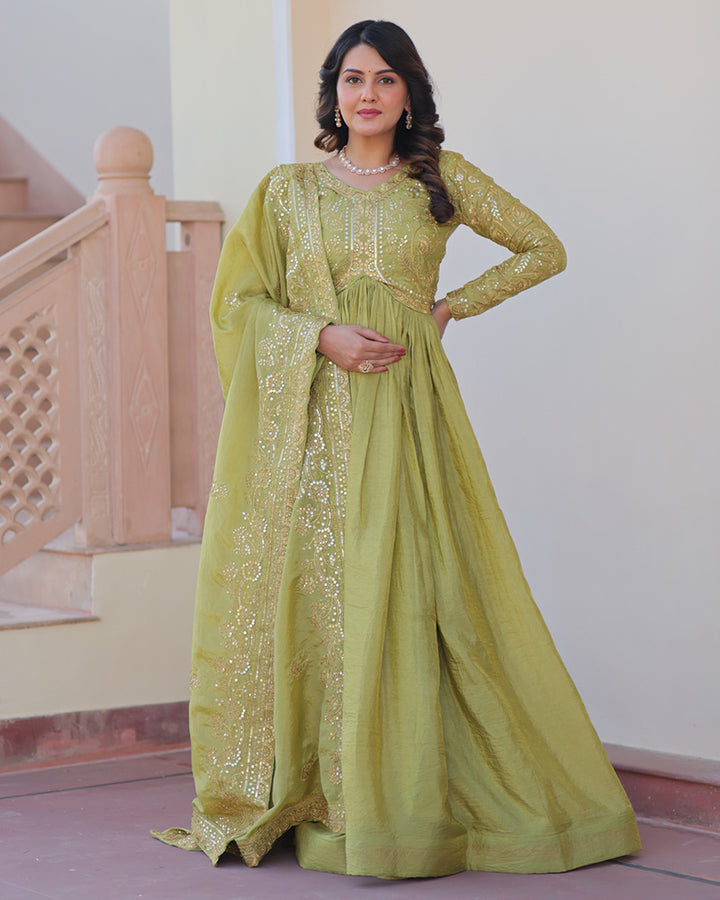 Designer Parrot Green Gold Crush Embroidered Party Wear Gown