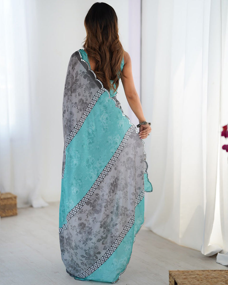 Grey Color Chinnon Silk Digital Printed Saree