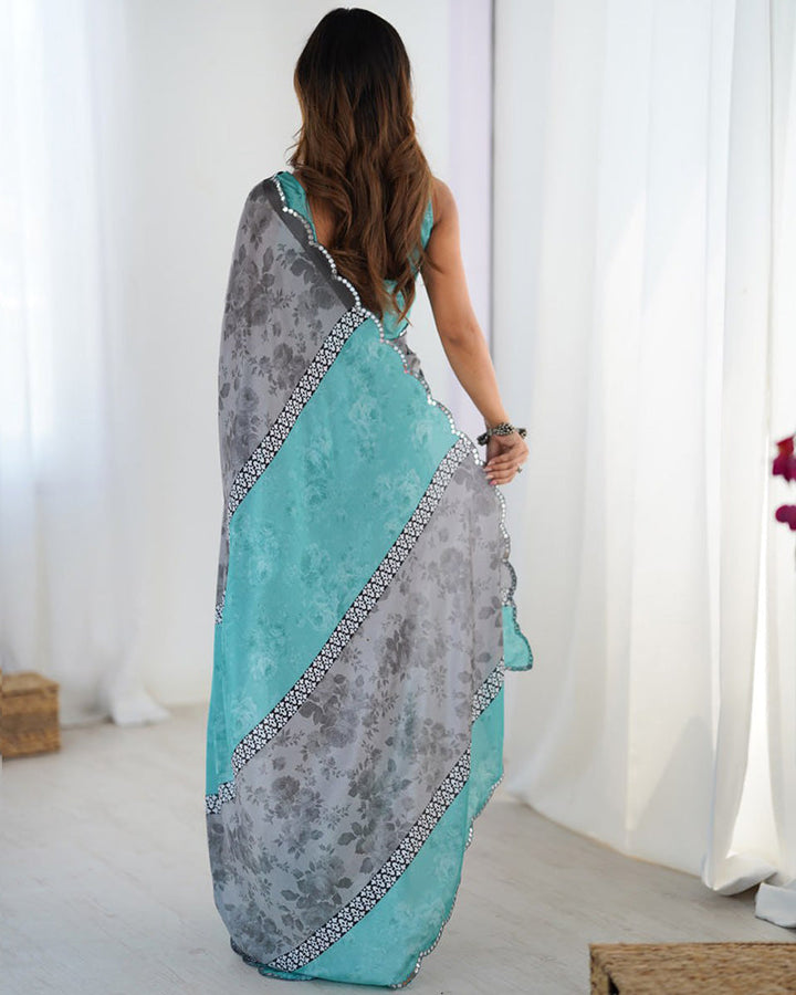 Grey Color Chinnon Silk Digital Printed Saree