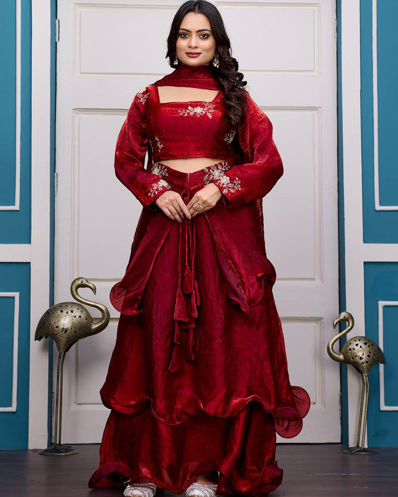 Maroon Color Fendy Satin Silk Embroidered Lehenga Choli