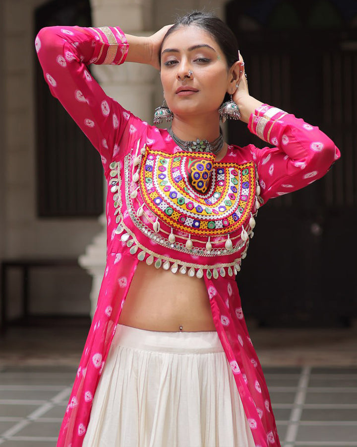 Pink Bandhani Print Gamthi Jacket Choli With Off-White Flared Lehenga