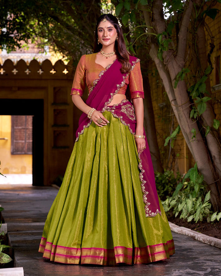 Designer Parrot Green Color Kanchipuram Lehenga Choli