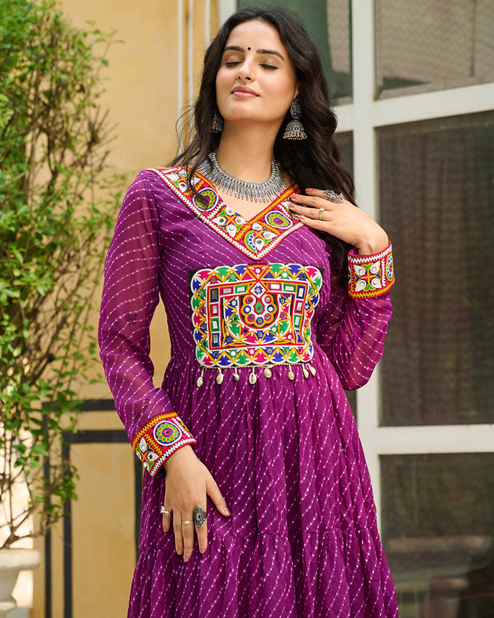 Designer Wine Color Kutchi Embroidered Anarkali Gown