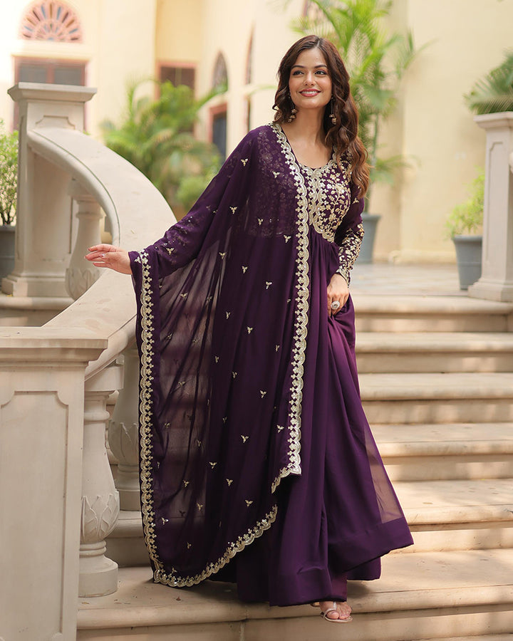 Designer Wine Color Anarkali Gown With Embroidery Dupatta