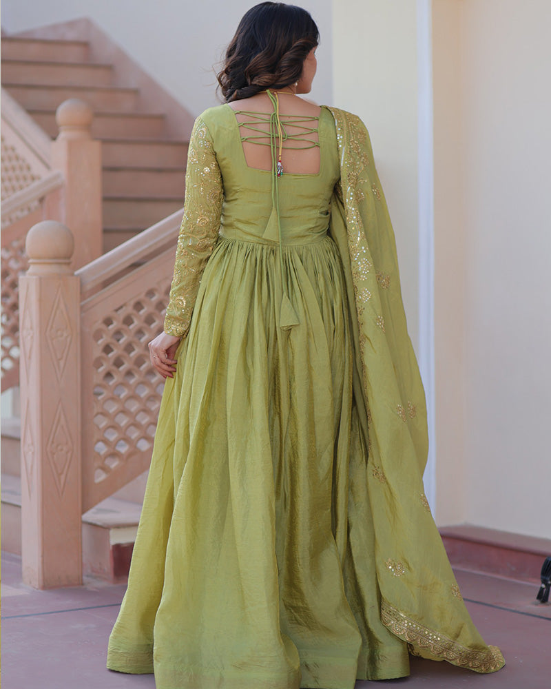 Designer Parrot Green Gold Crush Embroidered Party Wear Gown