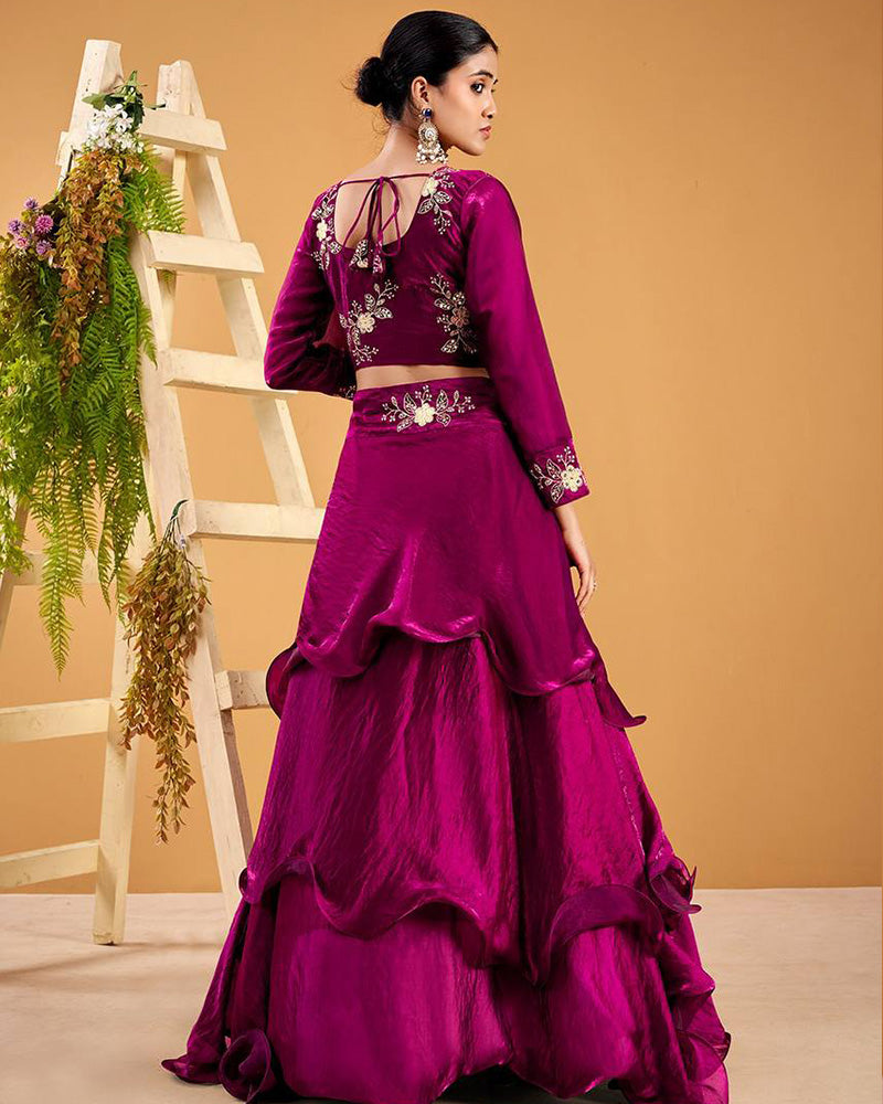 Wine Color Fendy Satin Silk Embroidered Lehenga Choli