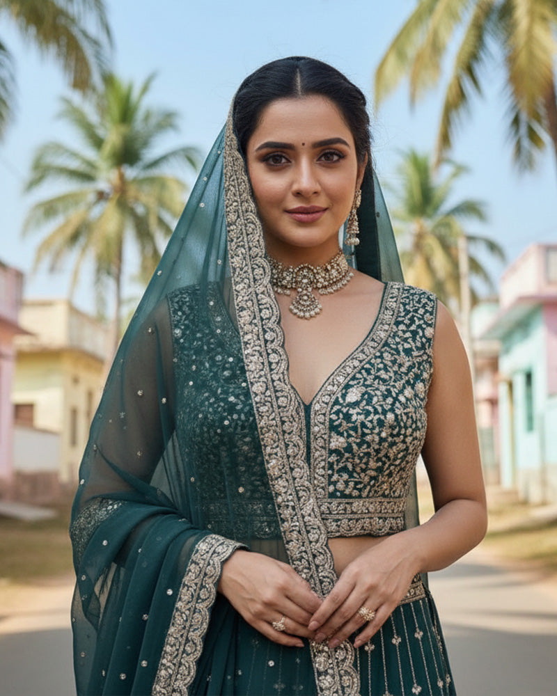 Wedding Wear Bottle Green Color Georgette Embroidered Lehenga Choli