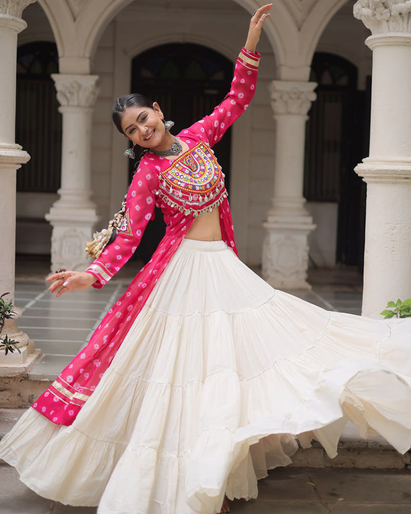 Pink Bandhani Print Gamthi Jacket Choli With Off-White Flared Lehenga