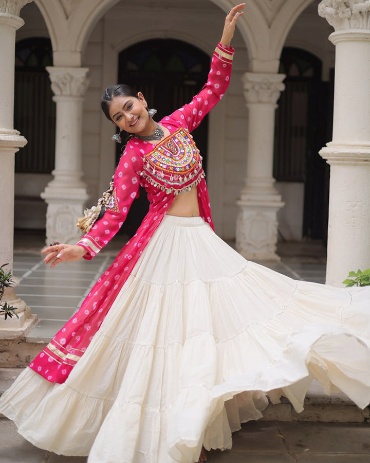 Pink Bandhani Print Gamthi Jacket Choli With Off-White Flared Lehenga