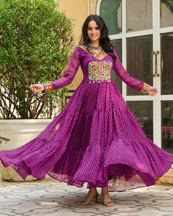Designer Wine Color Kutchi Embroidered Anarkali Gown