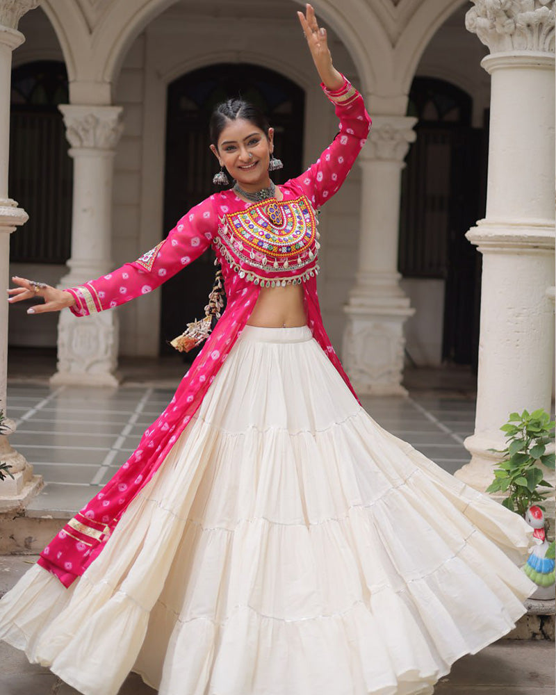 Pink Bandhani Print Gamthi Jacket Choli With Off-White Flared Lehenga