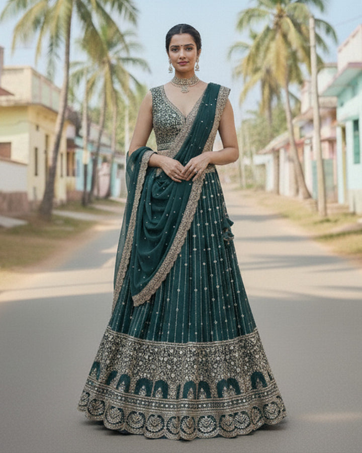 Wedding Wear Bottle Green Color Georgette Embroidered Lehenga Choli