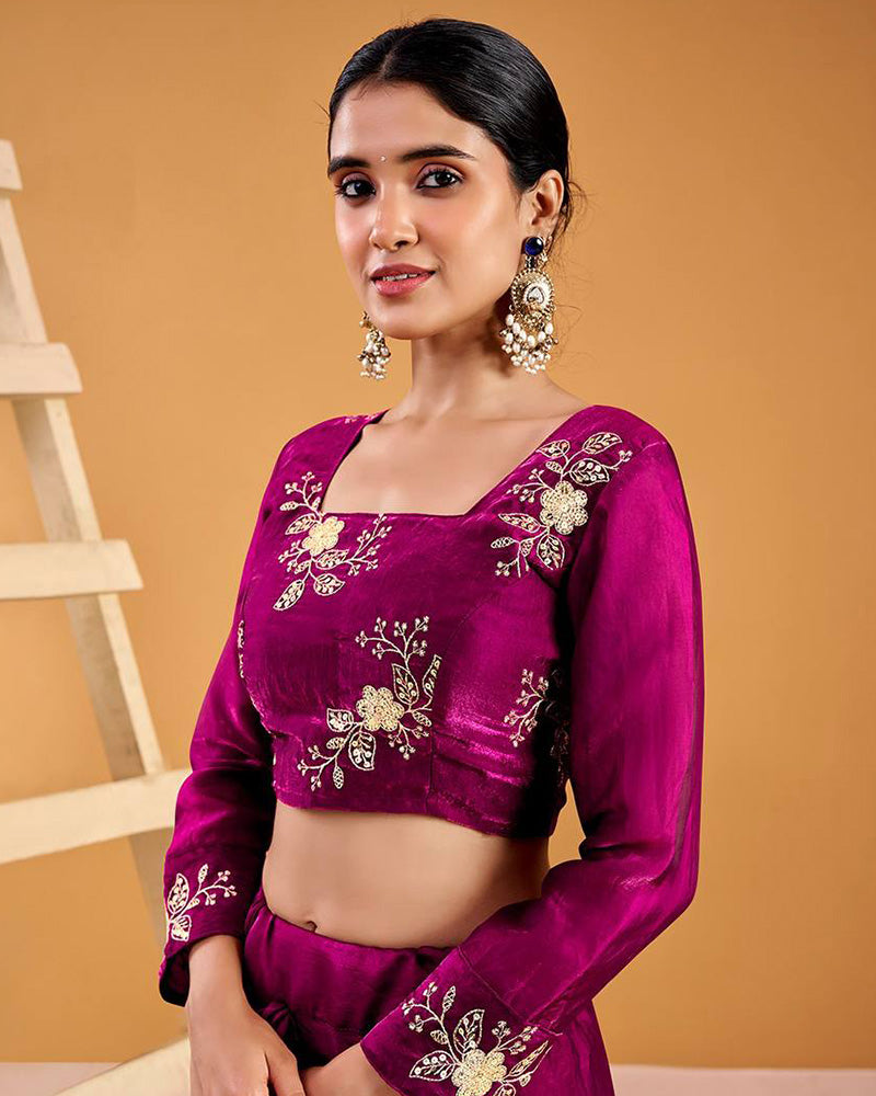 Wine Color Fendy Satin Silk Embroidered Lehenga Choli