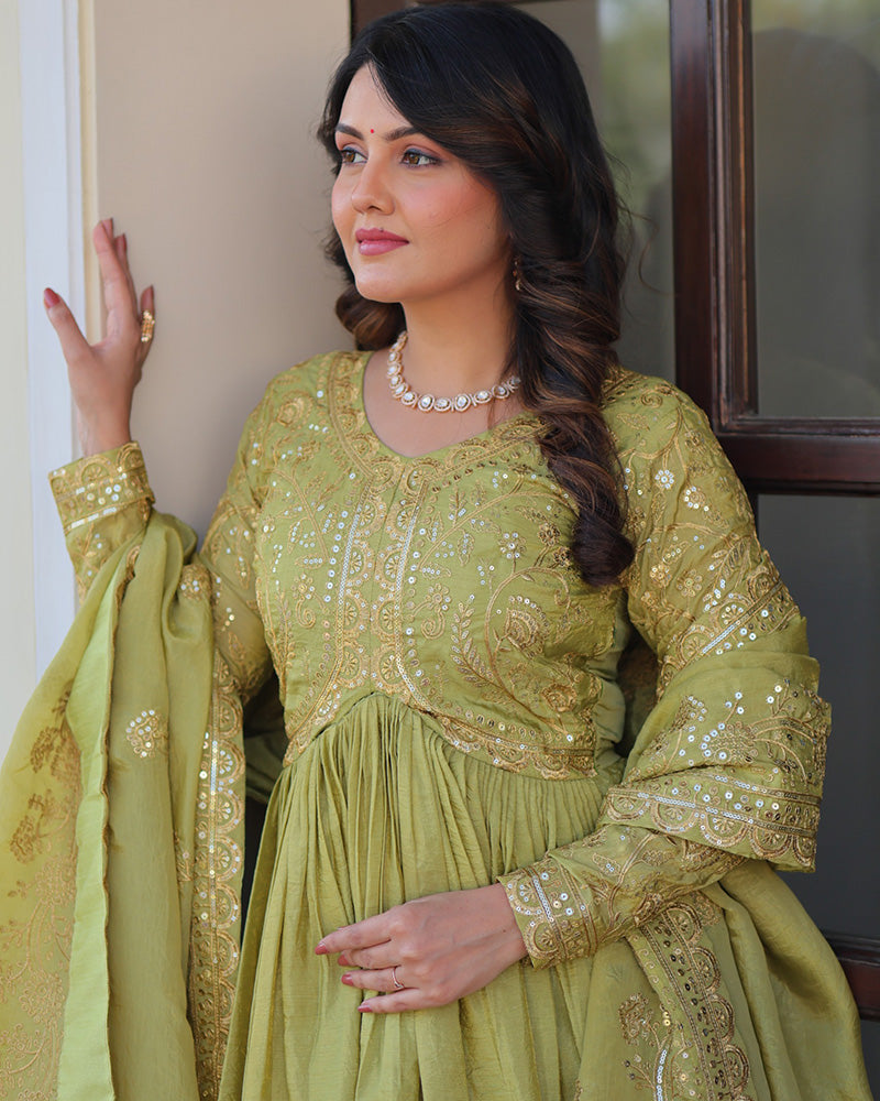 Designer Parrot Green Gold Crush Embroidered Party Wear Gown