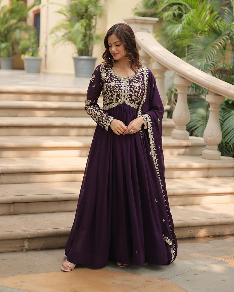 Designer Wine Color Anarkali Gown With Embroidery Dupatta