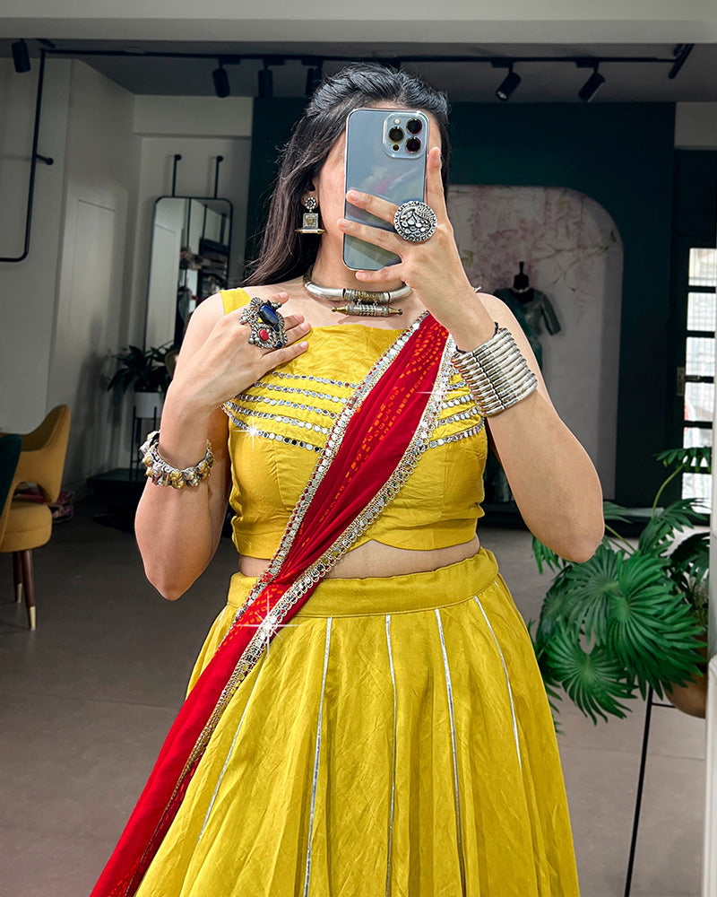 Traditional Yellow Color Chanderi Navratri Lehenga Choli