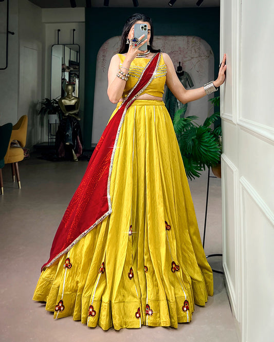 Traditional Yellow Color Chanderi Navratri Lehenga Choli