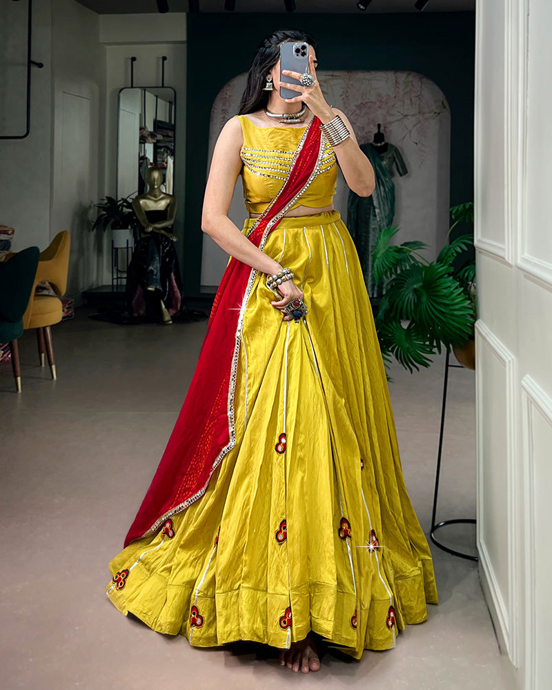 Traditional Yellow Color Chanderi Navratri Lehenga Choli