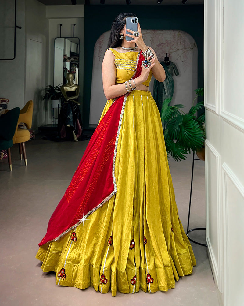 Traditional Yellow Color Chanderi Navratri Lehenga Choli