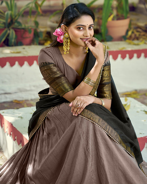 Chikoo Color Poly Cotton Zari Weaving Half Saree