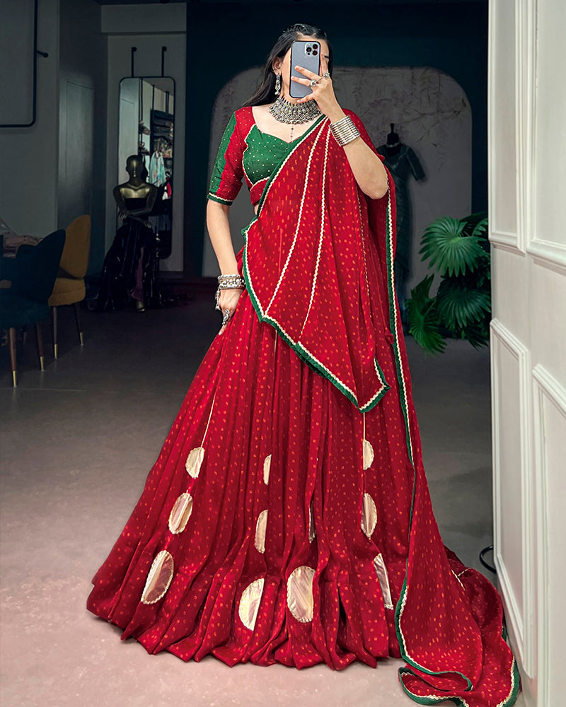 Red Color Satin Chiffon Bandhani Print Navratri Lehenga Choli