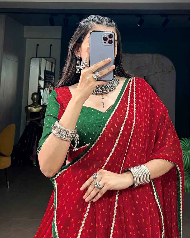 Red Color Satin Chiffon Bandhani Print Navratri Lehenga Choli