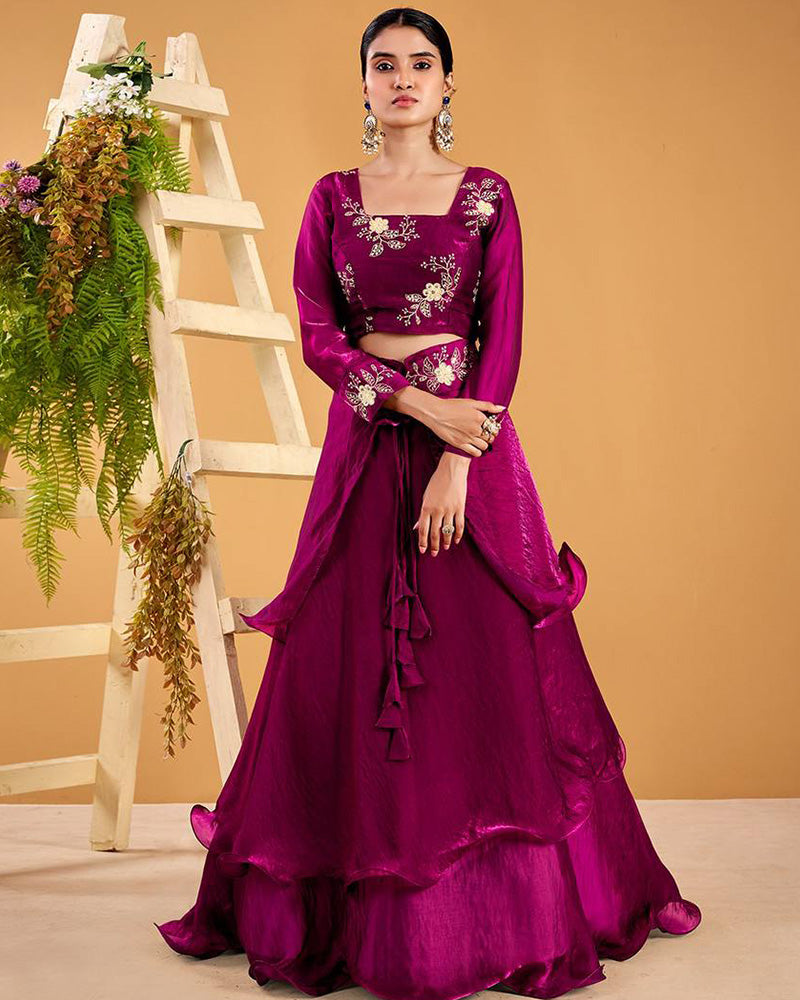 Wine Color Fendy Satin Silk Embroidered Lehenga Choli