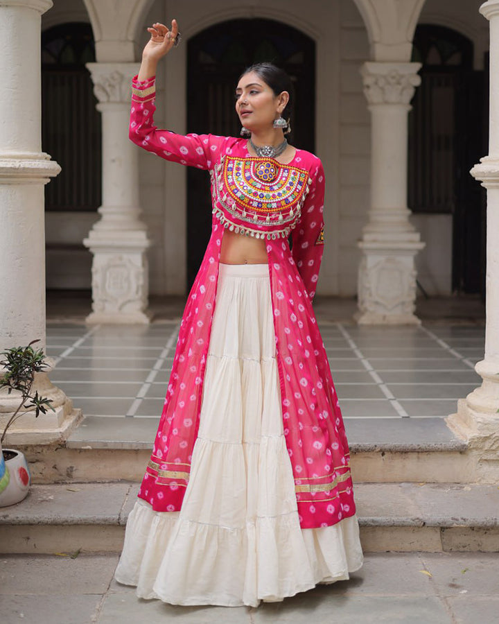 Pink Bandhani Print Gamthi Jacket Choli With Off-White Flared Lehenga
