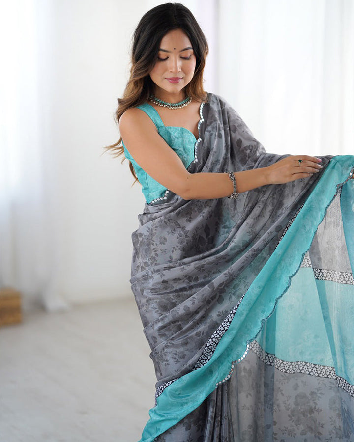 Grey Color Chinnon Silk Digital Printed Saree