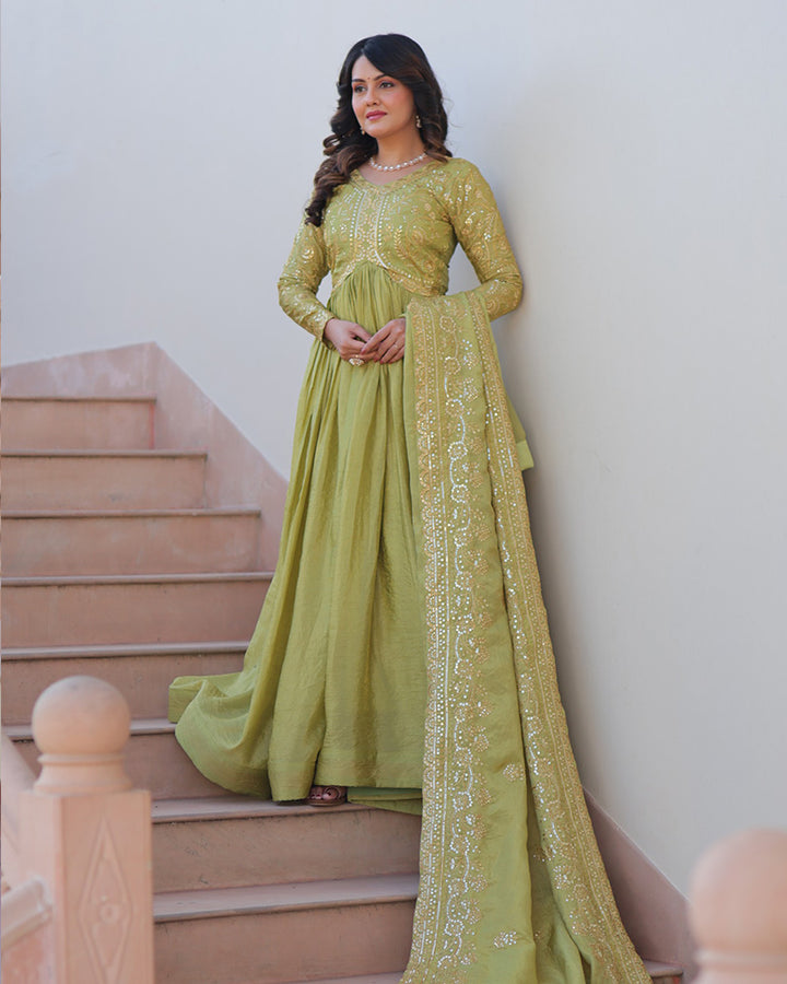 Designer Parrot Green Gold Crush Embroidered Party Wear Gown