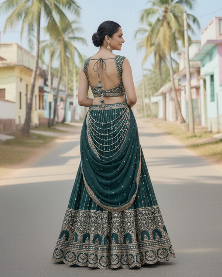 Wedding Wear Bottle Green Color Georgette Embroidered Lehenga Choli
