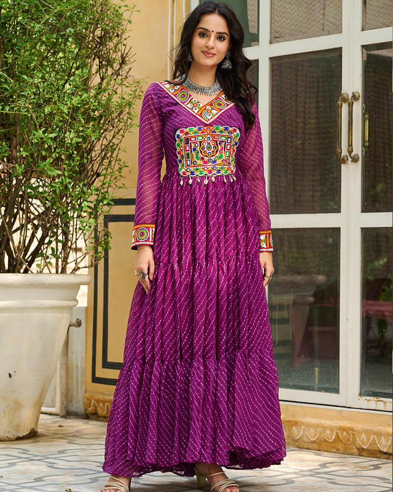 Designer Wine Color Kutchi Embroidered Anarkali Gown