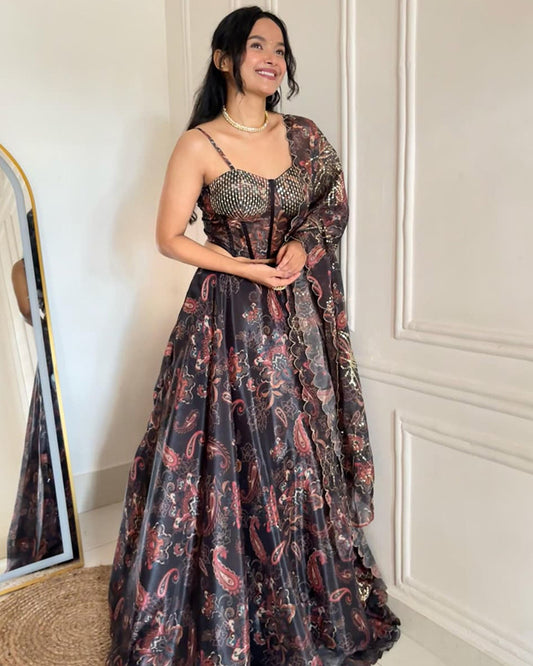 Grey Color Pure Soft Organza Full Stitched Lehenga Choli