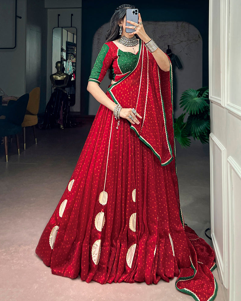 Red Color Satin Chiffon Bandhani Print Navratri Lehenga Choli