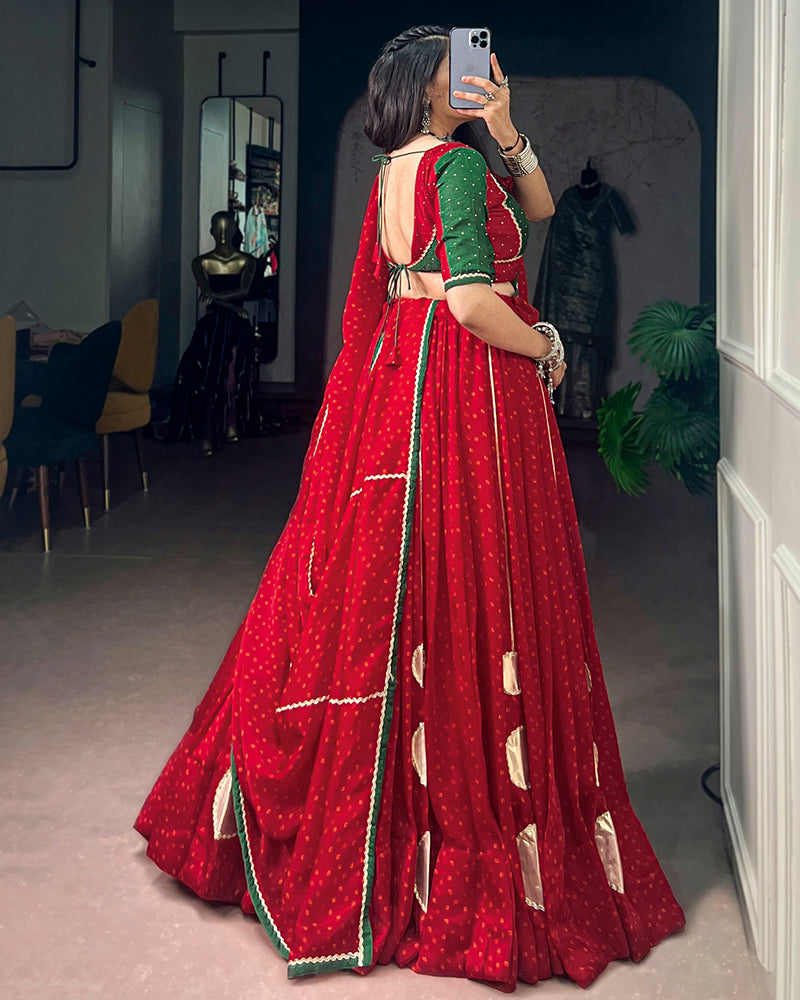 Red Color Satin Chiffon Bandhani Print Navratri Lehenga Choli
