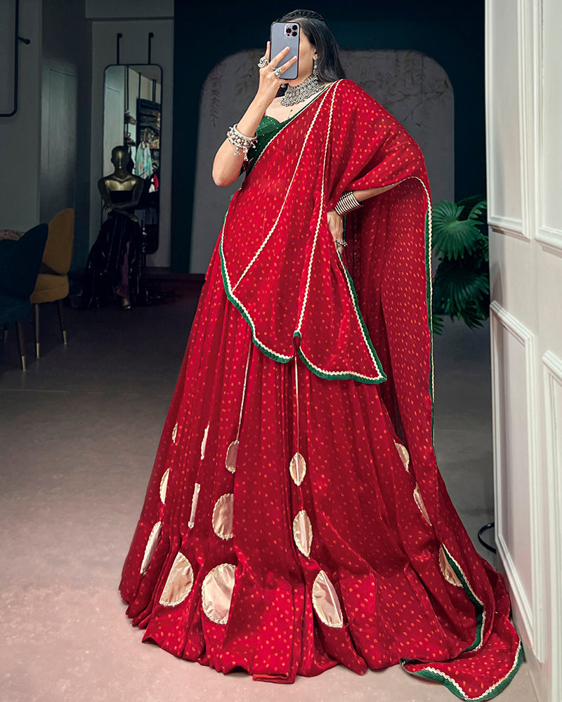 Red Color Satin Chiffon Bandhani Print Navratri Lehenga Choli