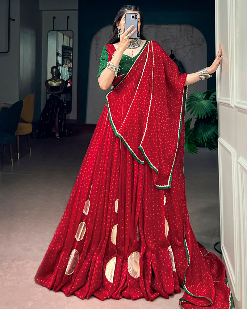 Red Color Satin Chiffon Bandhani Print Navratri Lehenga Choli