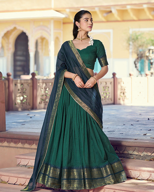 Teal Green Color Poly Cotton Zari Weaving Half Saree