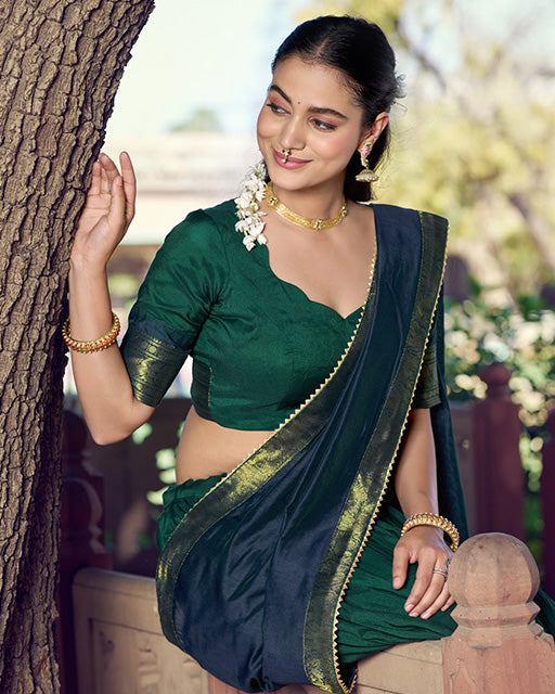 Teal Green Color Poly Cotton Zari Weaving Half Saree