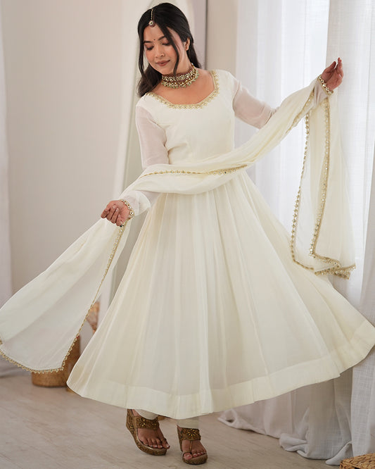 Off White Pure Mal Chanderi Three Piece Anarkali Suit