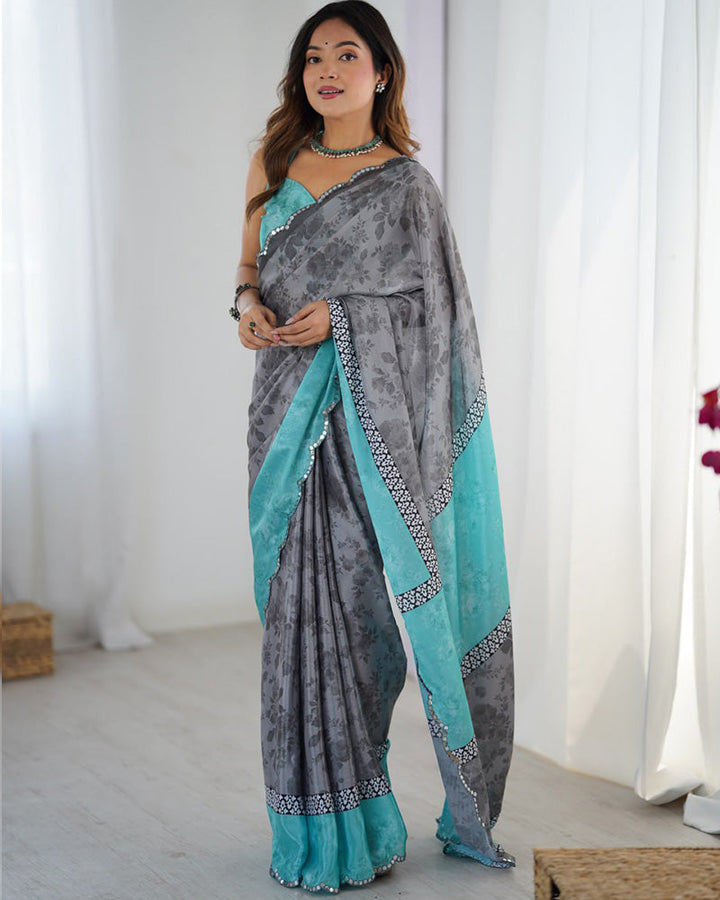 Grey Color Chinnon Silk Digital Printed Saree