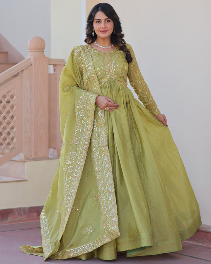 Designer Parrot Green Gold Crush Embroidered Party Wear Gown