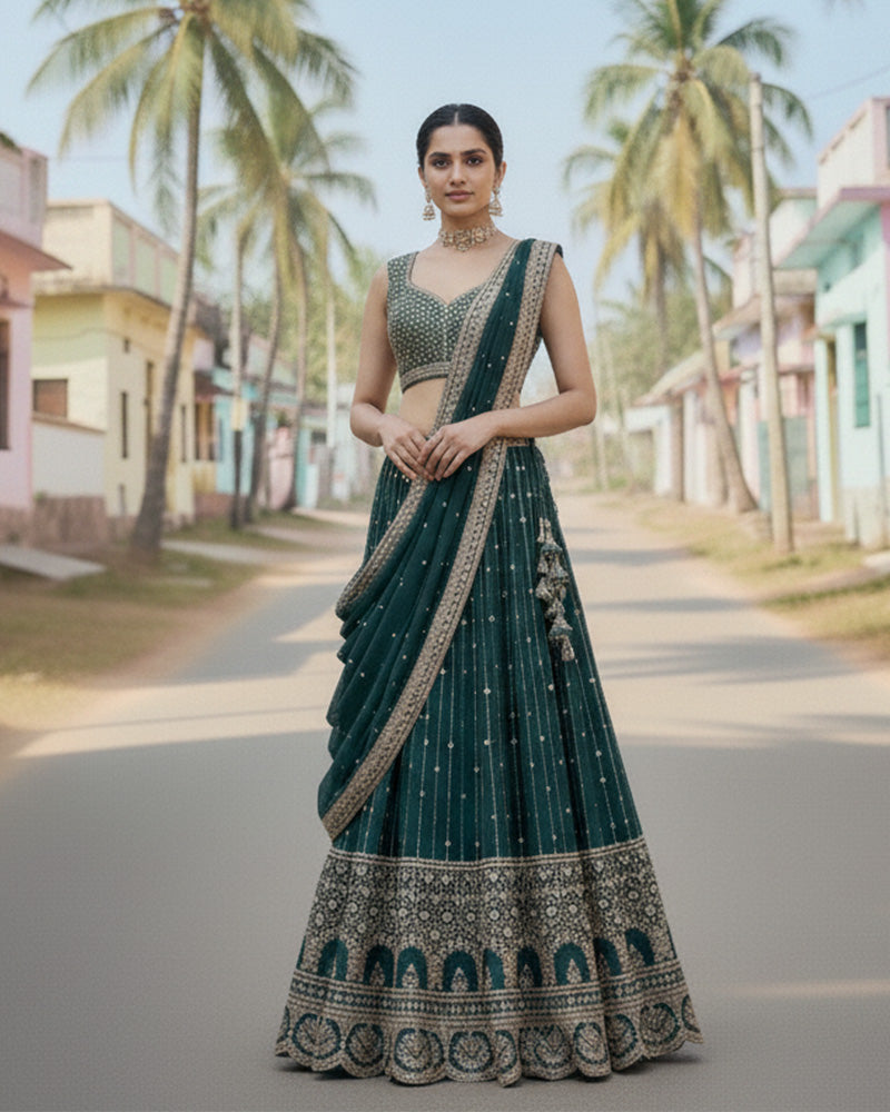 Wedding Wear Bottle Green Color Georgette Embroidered Lehenga Choli