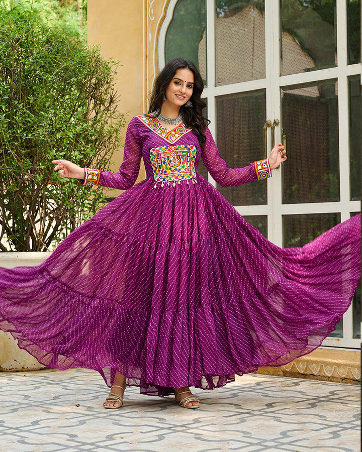 Designer Wine Color Kutchi Embroidered Anarkali Gown