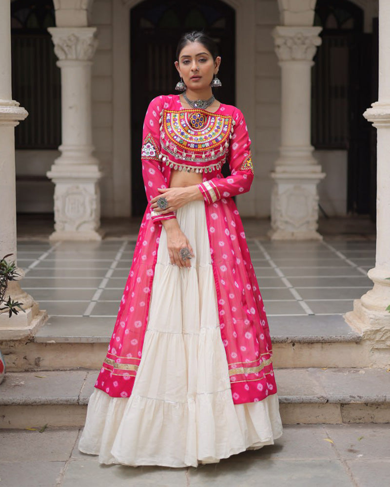 Pink Bandhani Print Gamthi Jacket Choli With Off-White Flared Lehenga