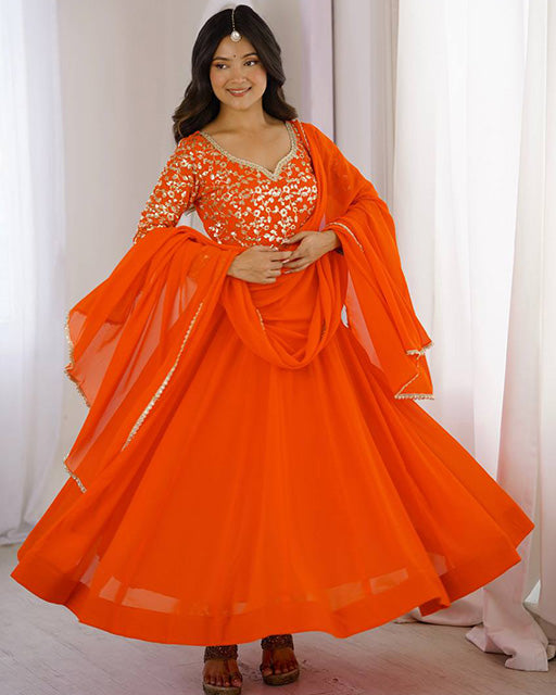Orange Color Sequence Embroidered Georgette Anarkali Suit