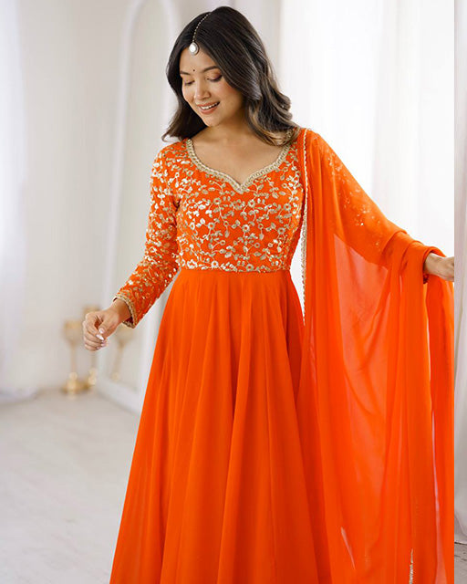 Orange Color Sequence Embroidered Georgette Anarkali Suit